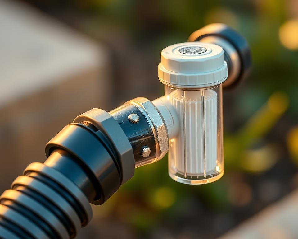 A detailed close-up view of a garden hose connection with a mineral filter housing, installed and ready for use. The filter housing is made of transparent material, allowing the internal filter cartridge to be visible. The hose and connection are made of high-quality rubber and metal, with a sleek, modern design. The scene is well-lit, with soft, warm lighting illuminating the components. The focus is sharp, capturing the intricate details of the filter installation, showcasing its functional and aesthetic qualities. The background is blurred, maintaining the viewer's attention on the filter setup.