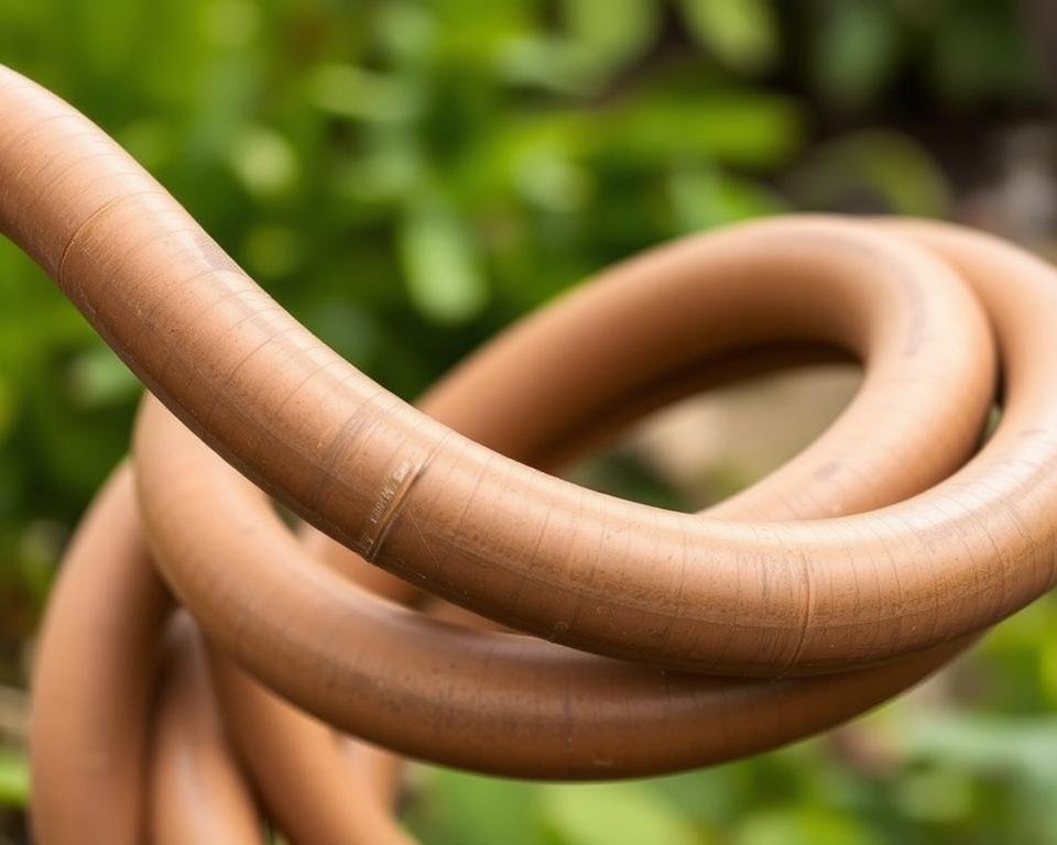 A detailed, high-resolution image of a flexible garden hose, with a smooth, durable texture in a muted, earthy color palette. The hose should be shown in a natural outdoor setting, with a soft, diffused lighting that highlights its pliable form and emphasizes its ability to wind and coil easily. The hose should be the focal point, with a blurred, out-of-focus background that suggests a lush, verdant garden environment. The image should convey a sense of practicality and functionality, as well as a touch of rustic charm, befitting the "Materials Used in 1 1/4 Garden Hoses" section of the article.