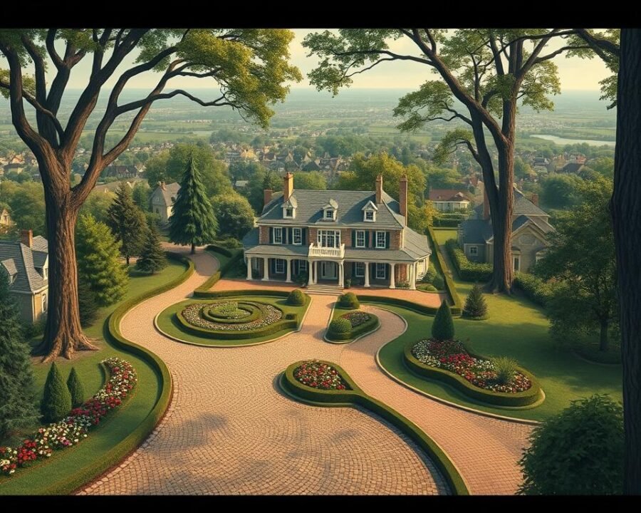 A detailed map of 666 Old Country Road in the serene town of Garden City, its lush gardens and winding pathways depicted in a warm, vintage-inspired illustration. The foreground showcases the stately manor house, its classic architecture and well-manicured landscaping inviting the viewer to step inside. In the middle ground, a network of cobblestone walkways meanders through neatly trimmed hedges and vibrant flower beds, hinting at the tranquil ambiance of the property. The background features a panoramic view of the surrounding neighborhood, with towering trees and quaint, historic homes setting the scene for this enchanting oasis on Old Country Road. The image is rendered with a soft, nostalgic lens, conveying the timeless allure and gracious living that defines this unique address.