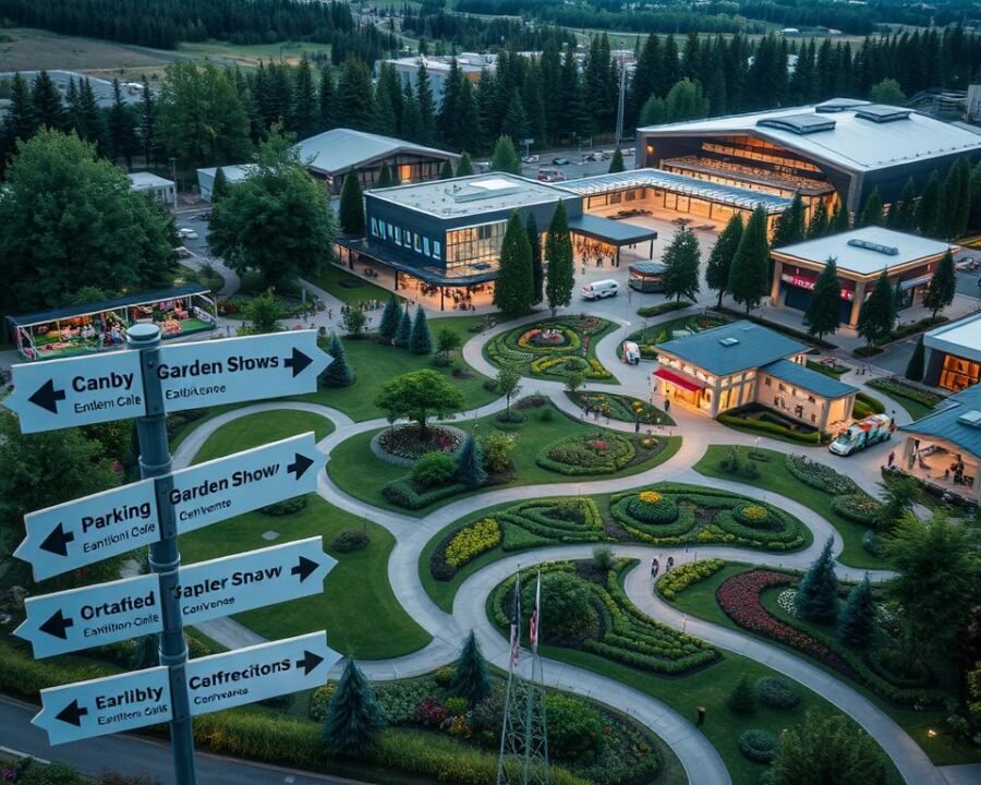 A detailed map of the Canby Garden Show grounds, showcasing the event's layout and venue. The foreground features clear directional signage, guiding visitors to the main entrance, parking areas, and key exhibit zones. The middle ground depicts lush green landscapes, flower-filled gardens, and winding pathways, creating an inviting and picturesque atmosphere. In the background, the modern, well-lit exhibition halls and conference centers stand as the focal point, their architecture reflecting the professional and organized nature of the event. The lighting is soft and natural, casting a warm glow over the entire scene, conveying a sense of welcome and excitement for the gardening enthusiasts. The image is captured from an elevated angle, providing an overview that allows visitors to easily plan their route and navigate the grounds.