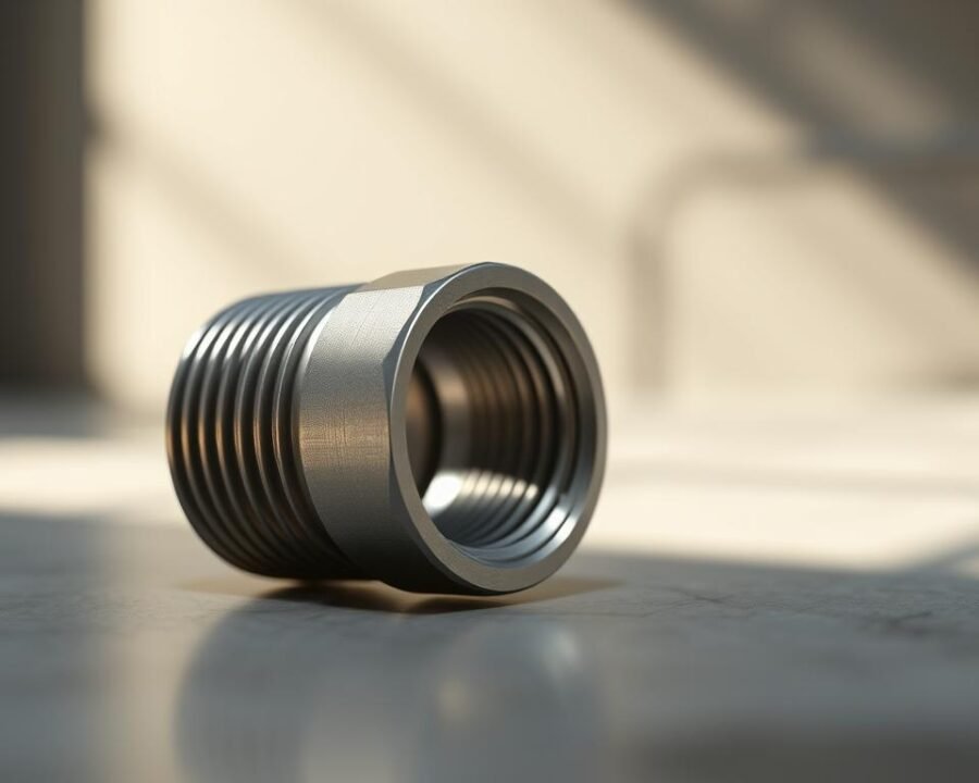 A detailed, realistic rendering of a 1/2 inch NPT (National Pipe Taper) thread adapter in a well-lit, high-resolution close-up view. The adapter is made of stainless steel, with a smooth, polished surface and a distinctive tapered thread design. The foreground is in sharp focus, while the background is softly blurred, creating a sense of depth and emphasis on the adapter. The lighting is natural and indirect, casting subtle shadows that accentuate the adapter's form and texture. The angle is slightly rotated to provide a clear, unobstructed view of the thread pattern and the overall shape of the adapter. The overall mood is one of precision, functionality, and technical expertise.