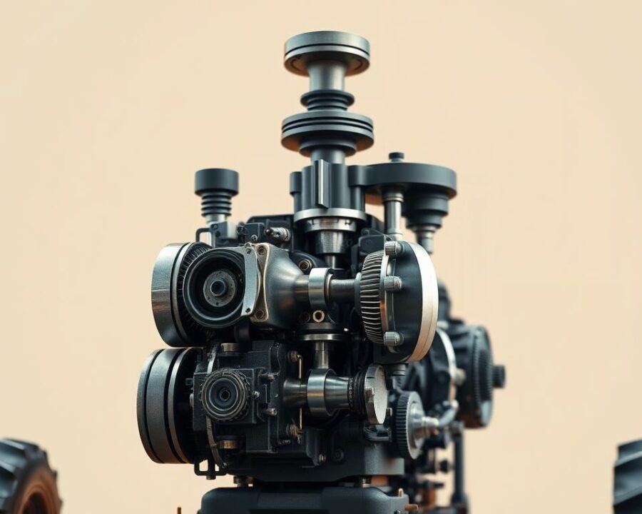 A detailed technical illustration of a tractor engine's internal components, set against a clean, neutral background. The engine should be disassembled, revealing the intricate workings of the pistons, crankshaft, valves, and other essential parts. Utilize natural lighting and a shallow depth of field to accentuate the textures and contours of the metal surfaces. The overall mood should convey a sense of precision, functionality, and the reliable engineering that defines a quality garden tractor.