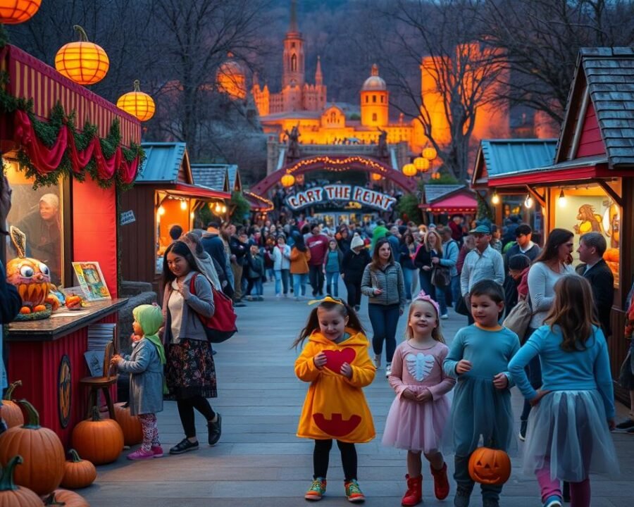 A family-friendly Halloween event at a local zoo, with colorful decorations, playful pumpkins, and costumed visitors exploring the grounds. In the foreground, children in whimsical costumes trick-or-treat at festively adorned booths, their laughter and delight palpable. The middle ground features a throng of visitors strolling along well-lit pathways, taking in the festive atmosphere of the event. In the background, the zoo's iconic structures and enclosures are bathed in a warm, amber glow, creating a cozy and inviting ambiance. The scene is captured with a wide-angle lens, emphasizing the sense of community and shared experience at this safe, family-oriented Halloween celebration.