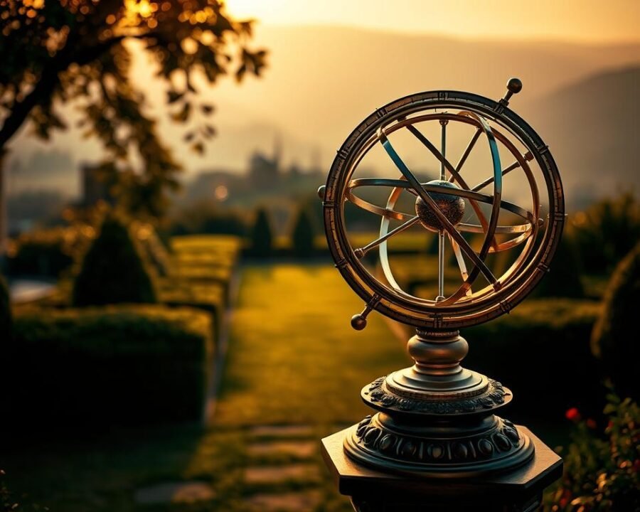 A grand, ornate armillary sphere stands majestically in the foreground, its intricate brass rings and celestial globes catching the warm glow of the evening sun. The device is positioned atop a sturdy, carved pedestal, exuding an air of sophistication and timelessness. In the middle ground, a lush, manicured garden provides a serene, natural backdrop, with the sphere's precise geometric form contrasting beautifully against the organic foliage. The background features a softly blurred, picturesque landscape, hinting at the tranquility and charm the armillary sphere would bring to this idyllic outdoor setting. Dramatic, directional lighting casts dramatic shadows, emphasizing the sphere's detailed craftsmanship and three-dimensional form. The overall mood is one of elegance, reverence, and a connection to the wonders of the cosmos.