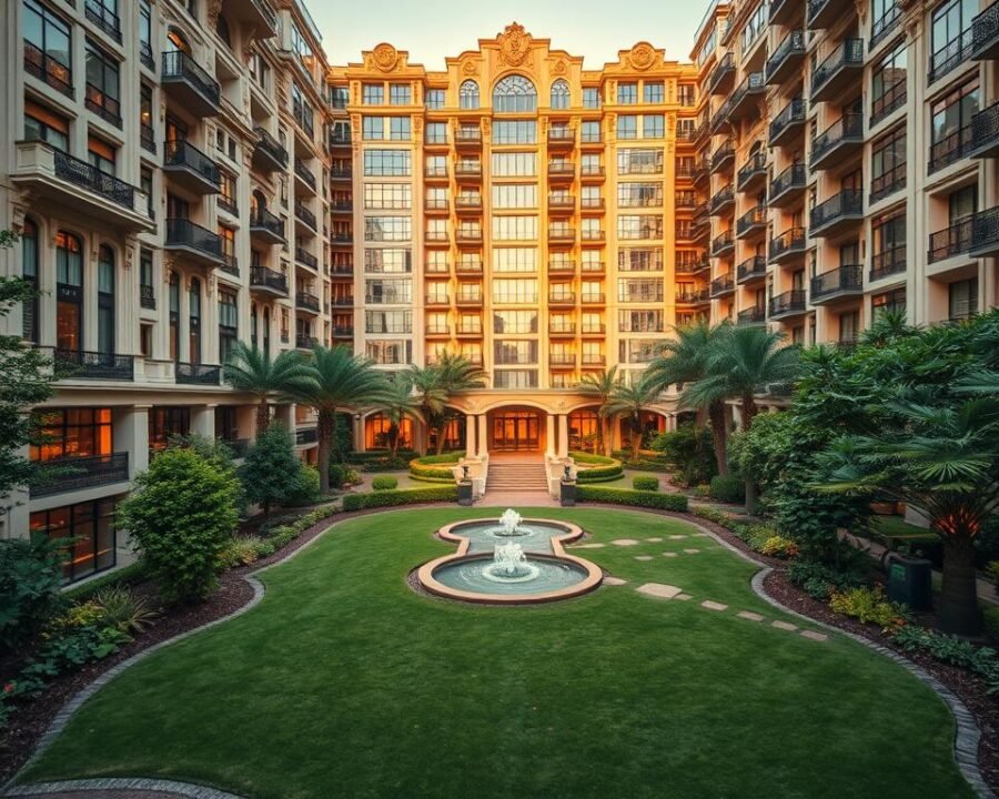 A grand, upscale apartment complex stands tall against a backdrop of lush, verdant gardens. The façade exudes an air of sophisticated elegance, with ornate architectural details and gleaming glass windows that reflect the warm, golden sunlight. In the foreground, a beautifully landscaped courtyard invites residents to bask in the tranquility, with a meticulously maintained lawn, strategically placed fountains, and a winding path that beckons exploration. The apartments themselves are visible through the large windows, hinting at the luxurious interiors and the high-end amenities that await within. This image captures the essence of luxury living at 623 Stewart Ave, Garden City, where residents can experience the pinnacle of sophisticated urban living.