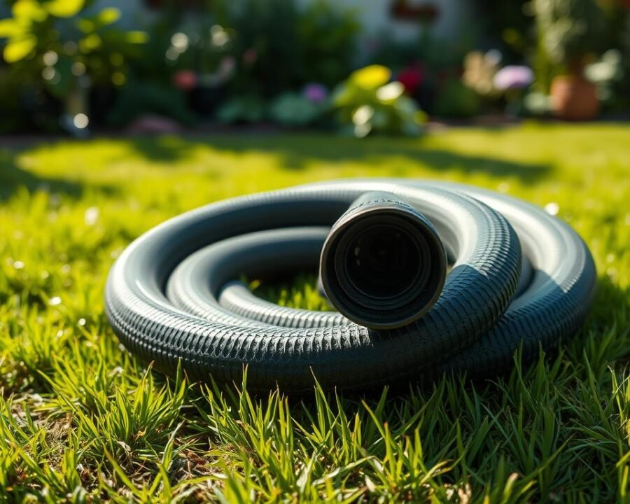 A heavy-duty garden hose lies coiled on a lush, verdant lawn, sunlight casting long shadows across its thick, textured surface. The hose's industrial-grade construction is evident in its robust, reinforced design, its weighty presence suggesting its ability to withstand the rigors of outdoor use. In the background, a well-tended garden comes into focus, hinting at the versatility and importance of this essential gardening tool. The scene is captured with a crisp, clear lens, the lighting lending a sense of warmth and natural harmony to the overall composition.