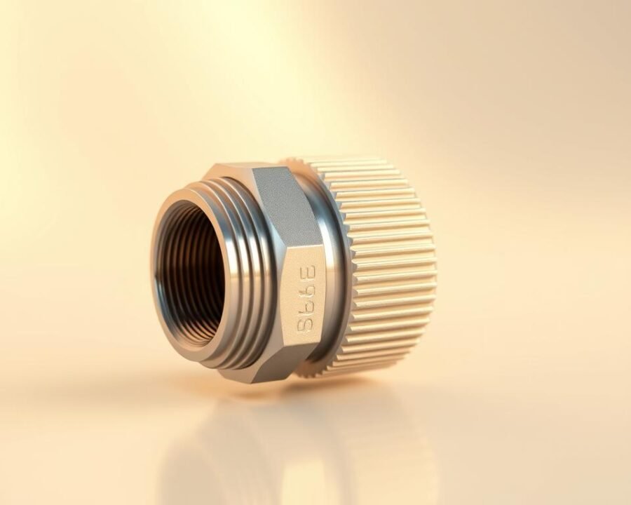 A high-quality 3D render of a 1/2 NPT female to garden hose male adapter, showcased against a soft, blurred background. The adapter is rendered in a polished metallic finish, with intricate threading and a smooth, seamless transition between the female and male components. The lighting is warm and natural, accentuating the adapter's form and highlighting its functional elegance. The composition places the adapter in the center, allowing it to be the focal point, while the background is slightly out of focus, creating a sense of depth and emphasizing the adapter's centrality. The overall mood is one of utility and precision, reflecting the adapter's versatility and practical applications.