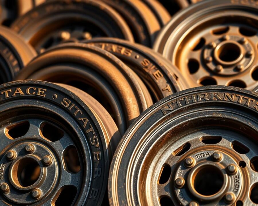 A high-quality, well-lit close-up view of several sturdy 12x12 garden tractor tire rims made of rugged cast iron, featuring intricate spoke patterns and a lustrous metallic sheen. The rims are arranged in a visually compelling composition, showcasing their durable construction and showcasing the craftsmanship that goes into producing these essential agricultural components. The image is captured from a slightly elevated angle, lending a sense of authority and importance to the subject matter. Soft, warm lighting accentuates the textural details and creates gentle shadows, establishing a professional, technical mood befitting the article's focus on the available materials for garden tractor rims.