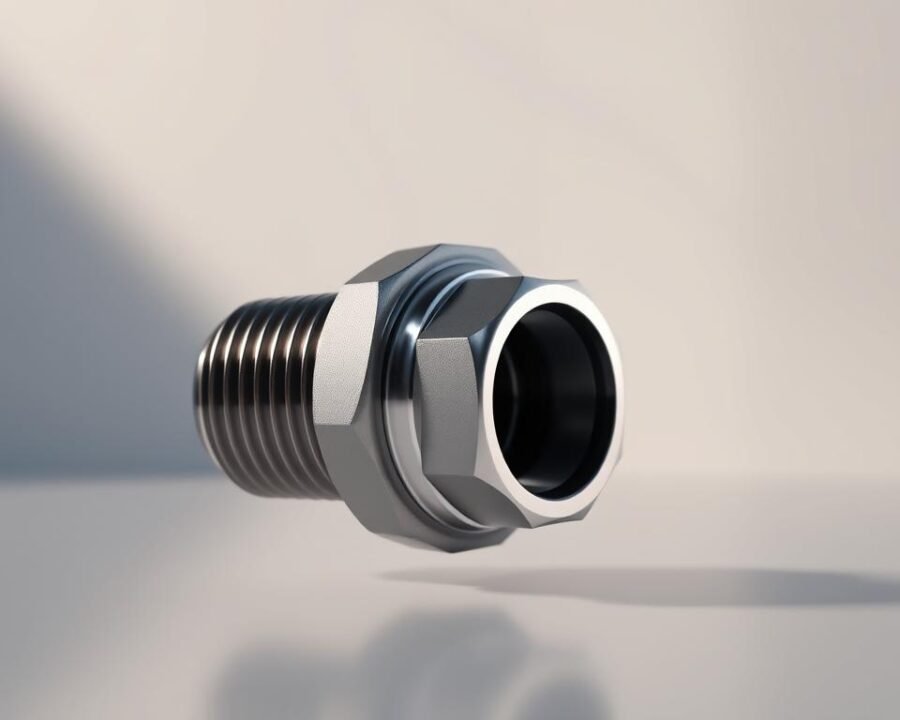A highly detailed, photorealistic 3D rendering of a 1/2 NPT female to garden hose male adapter with a metallic finish. The adapter is showcased in a well-lit studio setting, with dramatic side lighting casting subtle shadows to accentuate its intricate features. The foreground focuses on the adapter's precise machined threads, smooth surfaces, and the transitional design between the female NPT and male garden hose fittings. The middle ground includes a clean, minimalist background to keep the attention on the product. The overall mood is one of high-quality, technical precision and functionality.