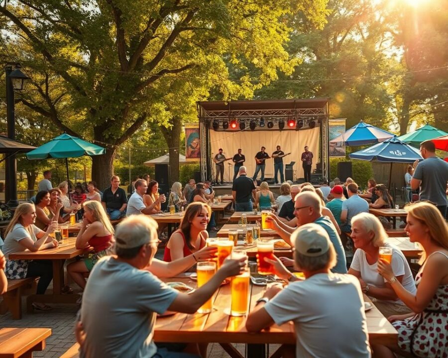 A lively and inviting outdoor beer garden in Oconomowoc, with groups of friends and families gathered around picnic tables, enjoying craft beers and local cuisine. The scene is bathed in warm, golden sunlight filtering through mature trees, with a stage in the background hosting a live music performance. The atmosphere is relaxed and convivial, with string lights and colorful umbrellas adding to the festive ambiance. In the foreground, people are laughing, clinking glasses, and savoring the delicious offerings of the beer garden. The overall impression is one of community, celebration, and the perfect blend of refreshment and outdoor fun.