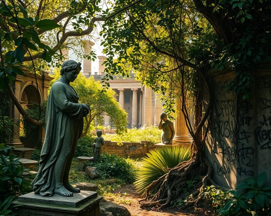 A lush, ancient-looking garden, overgrown with verdant foliage and dotted with weathered, time-worn sculptures and architectural fragments. Intricate, etched graffiti patterns adorn the surfaces, hinting at the rich cultural history of the space. Dappled sunlight filters through the canopy, casting a warm, golden glow across the scene. In the foreground, a crumbling, moss-covered statue stands guard, its weathered features exuding a sense of timeless beauty. The middle ground is a tapestry of vibrant greens, with trailing vines and gnarled tree roots intertwining. In the background, a glimpse of ancient, ruined walls and columns adds to the sense of forgotten grandeur. The overall mood is one of serene, contemplative wonder, inviting the viewer to explore and imagine the stories hidden within this enchanting, graffiti-adorned garden.