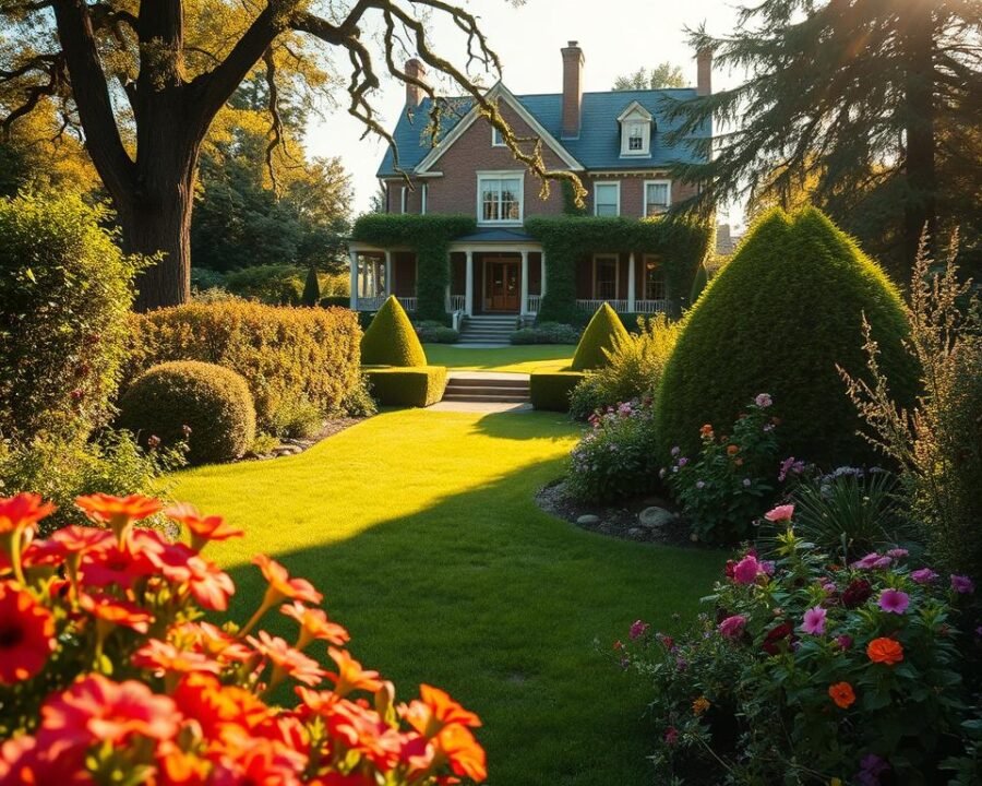 A lush and inviting Amherst garden, bathed in warm afternoon light. In the foreground, a vibrant display of colorful flowers and plants, their petals gently swaying in a light breeze. Beyond, a well-manicured lawn leads the eye to a charming stone pathway, flanked by neatly trimmed hedges and towering trees casting soft shadows. In the distance, the facade of a beautifully maintained historic home peeks out, its stately presence complementing the natural beauty of the surrounding garden. The overall atmosphere is one of serene tranquility, inviting visitors to explore and discover the hidden gems of this picturesque Amherst landscape.