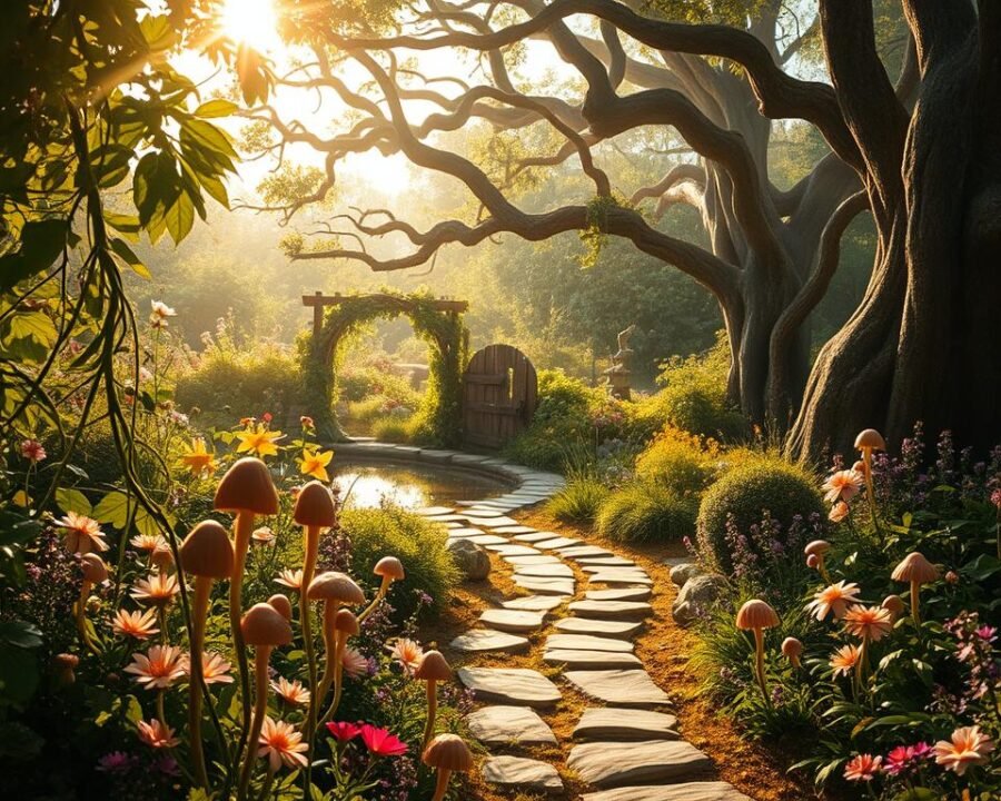 A lush, enchanted fairy tale garden, bathed in soft, golden sunlight filtering through verdant foliage. In the foreground, a vibrant array of whimsical flowers - delicate fairy-like blossoms, towering mushrooms, and enchanted vines twist and curl. In the middle ground, a meandering stone path leads to a whimsical wooden gate, beyond which a shimmering pond reflects the magical scene. In the distance, ancient, gnarled trees with twisted branches frame the idyllic landscape, creating an atmosphere of wonder and enchantment. Soft, diffused lighting casts a dreamlike glow, evoking a sense of timelessness and fairy tale wonder.