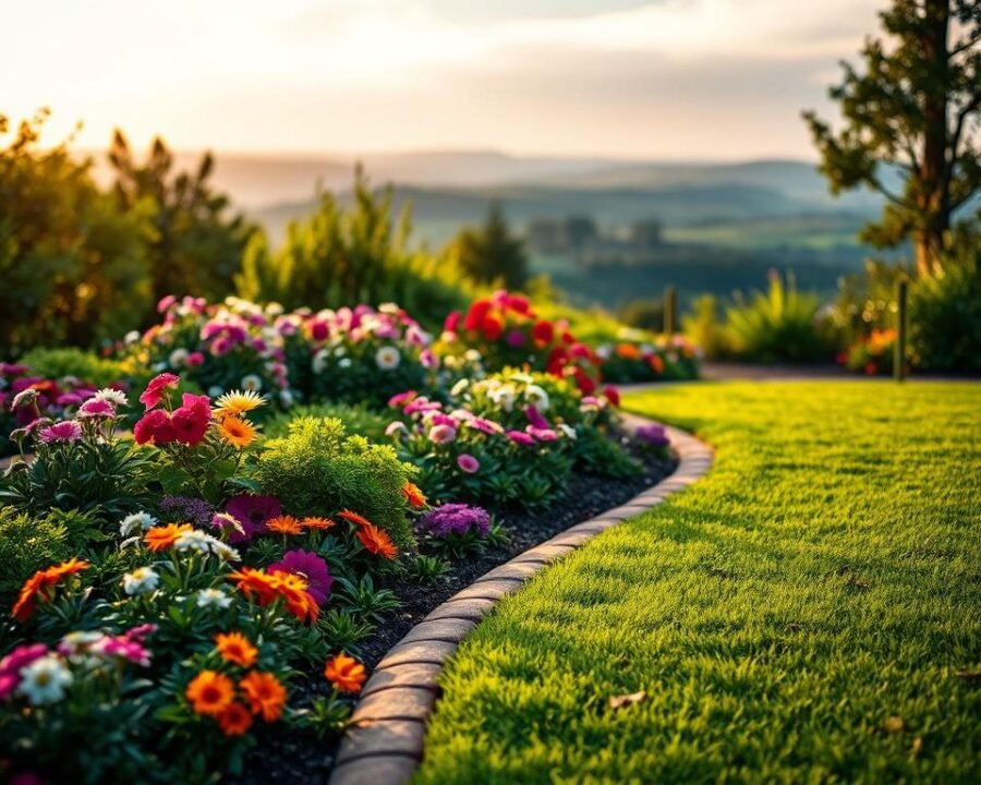 A lush garden with neatly arranged 6-inch edging, illuminated by warm, natural lighting. The edging stands out, its crisp edges and earthy color forming a harmonious border that seamlessly integrates the lawn and flowerbeds. In the foreground, a variety of vibrant blooms and verdant foliage create a captivating visual tapestry. The middle ground showcases the practical benefits of the edging, subtly containing the soil and keeping the grass in place. The background fades into a serene, picturesque landscape, emphasizing the cohesive, well-designed aesthetic. The overall scene conveys a sense of tranquility, order, and the joy of a well-maintained, thriving garden.