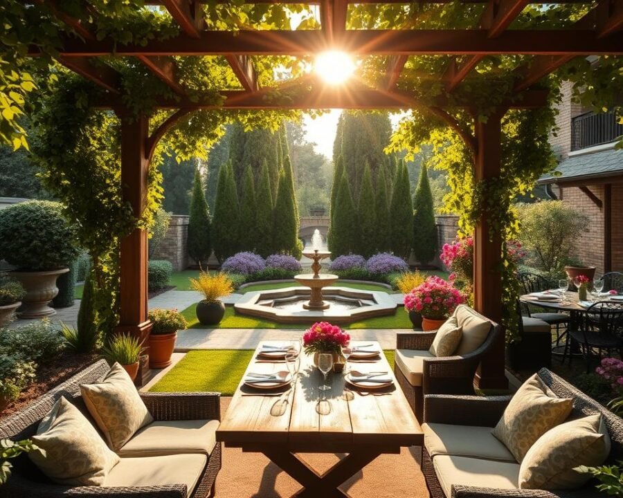 A lush, meticulously landscaped outdoor dining area, bathed in warm, golden sunlight filtering through the canopy of verdant foliage. A rustic wooden table with elegant place settings is positioned at the center, surrounded by comfortable lounge furniture. Potted plants and floral arrangements add pops of vibrant color, while a beautifully crafted pergola overhead casts intricate shadow patterns across the scene. In the distance, a tranquil water feature gently bubbles, contributing to the serene, relaxing ambiance. The composition is framed by a backdrop of tall, flourishing trees and flowering shrubs, conveying a sense of privacy and seclusion in this enchanting garden oasis.