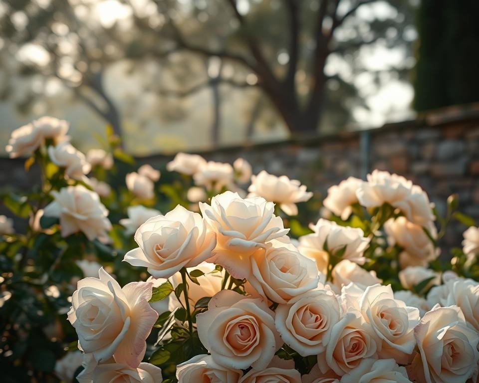 A lush, serene garden setting with an abundance of elegant, alabaster-toned garden roses in full bloom. The roses are beautifully backlit, casting a warm, soft glow throughout the scene. The flowers are the focal point, arranged in a natural, cascading composition that draws the eye inward. The background features a hazy, out-of-focus view of mature trees and a stone wall, creating a sense of depth and tranquility. Soft, diffused natural lighting illuminates the roses, highlighting their delicate petals and velvety texture. The overall mood is one of timeless beauty, sophistication, and understated elegance.