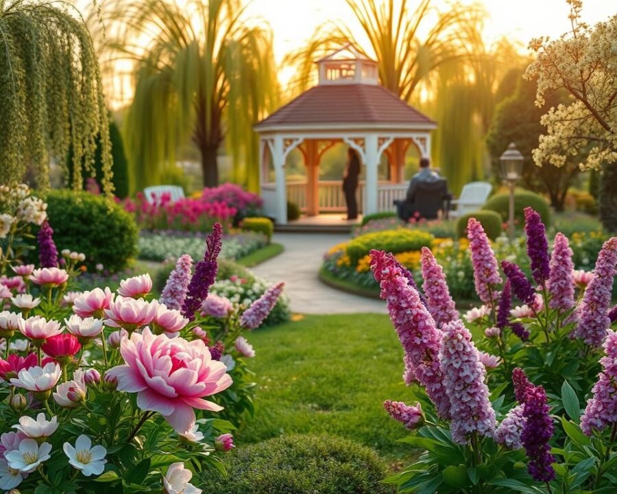 A lush springtime garden comes alive, bursting with vibrant blooms and verdant foliage. In the foreground, a whimsical display of colorful flowers - cascading peonies, delicate cherry blossoms, and fragrant lilacs - create a captivating scene. In the middle ground, a meandering path leads visitors through verdant beds of perennials and ornamental shrubs, inviting exploration. The background features a picturesque gazebo, framed by graceful weeping willows and accented by the warm glow of the spring sun, casting a gentle, magical light over the entire tableau. The overall atmosphere is one of tranquility, beauty, and the joyful celebration of the changing seasons.