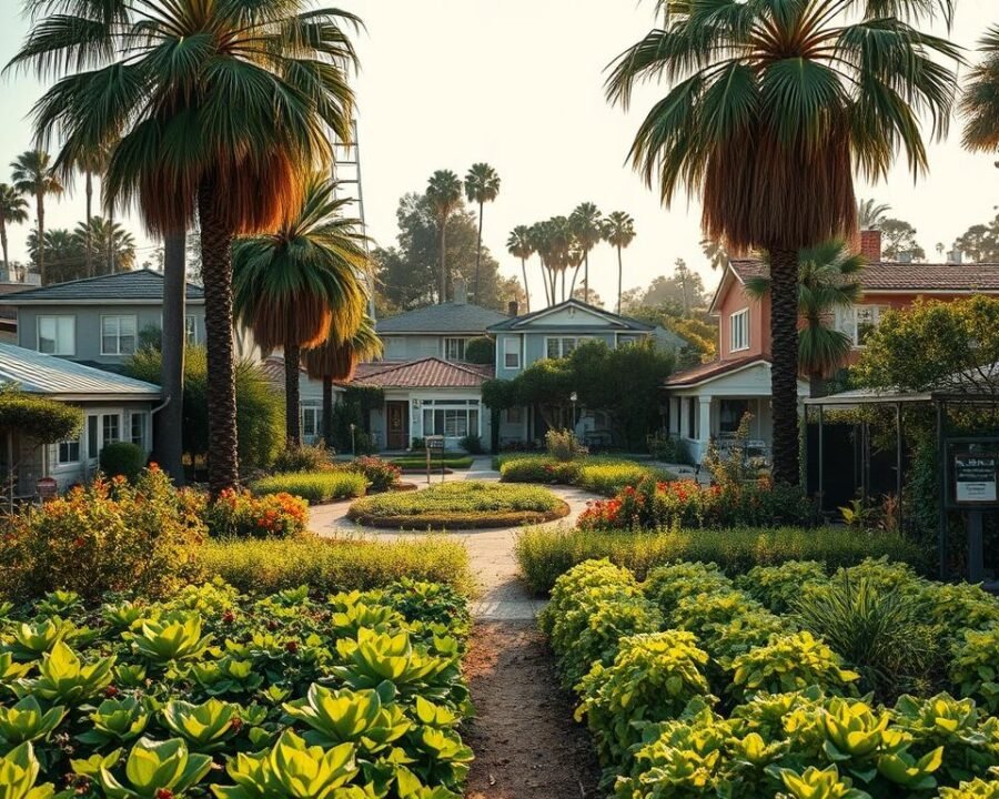 A lush, thriving community garden nestled in the heart of Garden Grove, California. In the foreground, rows of vibrant vegetables and herbs sway gently in the warm breeze, their colors and textures a feast for the senses. The middle ground features a winding path flanked by towering palm trees, their fronds casting dappled shadows across the scene. In the background, the quaint homes and businesses of the neighborhood rise up, framing the garden like a verdant oasis. The lighting is soft and golden, creating a serene, inviting atmosphere that beckons visitors to explore and discover the bounty and community spirit of this beloved local landmark.
