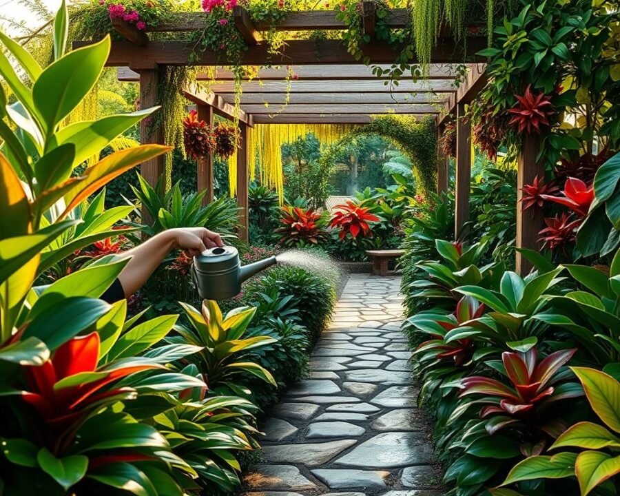 A lush, tropical Acan garden in the morning light. In the foreground, a person gently waters a variety of vibrant, glossy-leaved plants using a watering can with a fine mist sprayer. The middle ground features a winding stone path flanked by ferns, philodendrons, and other exotic foliage. In the background, a wooden pergola draped with vines and flowers casts dappled shadows across the scene. The lighting is soft and warm, creating a serene, tranquil atmosphere. The camera angle is slightly elevated, providing a comprehensive view of the well-maintained garden oasis.