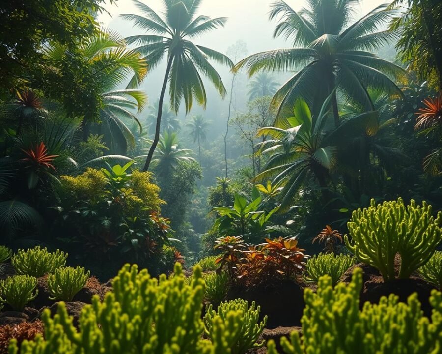 A lush, tropical Acan garden in warm afternoon light. In the foreground, vibrant green Acan corals sway gently, their tentacles reaching toward the surface. Midground features a variety of tropical plants - tall palms, dense ferns, and colorful bromeliads. The background is a hazy scene of distant jungle foliage, creating a sense of depth and enclosure. Soft, diffused lighting filters through the canopy, casting gentle shadows and highlights across the verdant landscape. The overall atmosphere is one of serene tranquility, inviting the viewer to imagine themselves immersed in this verdant, aquatic oasis.