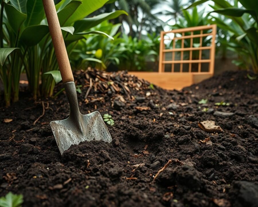 A lush, tropical acan garden with rich, dark soil ready for planting. In the foreground, a shovel digs into the moist, nutrient-dense soil, exposing its deep, earthy hues. Surrounding the scene, vibrant green leaves of acan plants sway gently in the soft, diffused lighting of an overcast day. The middle ground features piles of organic matter, such as compost and mulch, waiting to be incorporated into the soil to improve its structure and fertility. In the background, a wooden garden bed frame stands, ready to receive the carefully prepared soil. The overall atmosphere conveys a sense of anticipation and a promise of a thriving, bountiful acan garden to come.