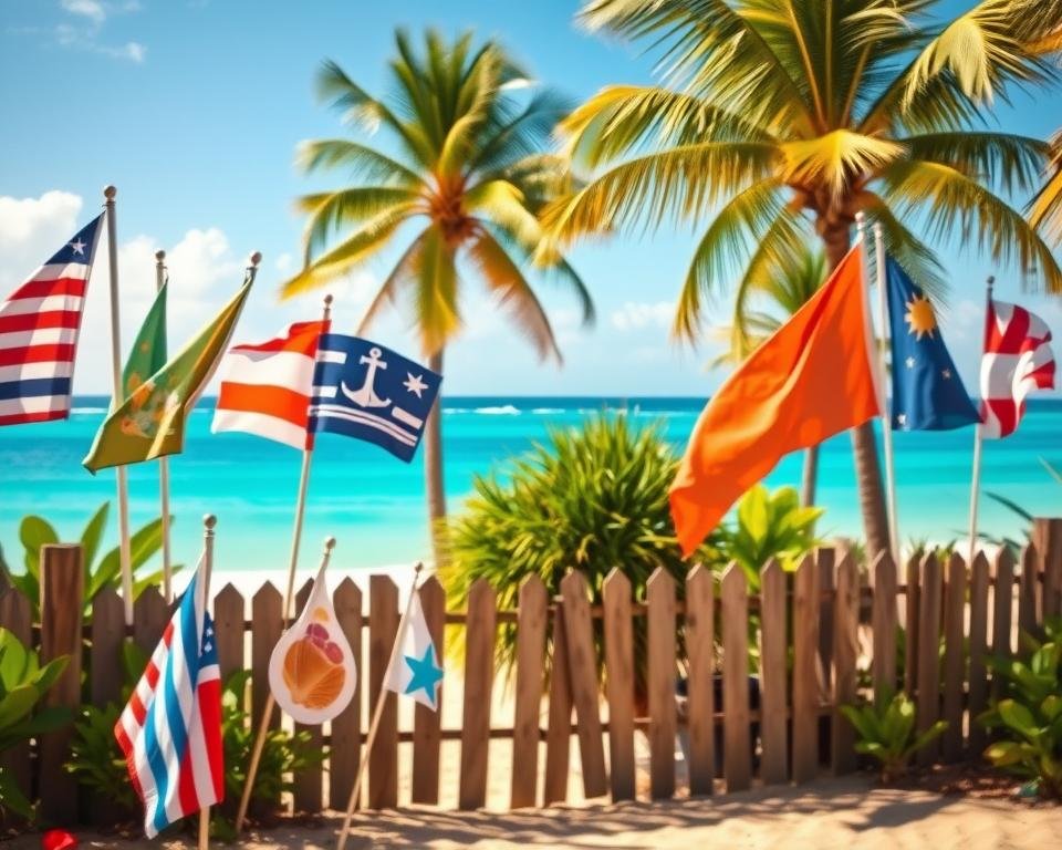 A lush, tropical beach yard adorned with an array of colorful garden flags swaying gently in the sea breeze. The foreground features a vibrant array of flags in nautical and coastal motifs - striped, palm tree, seashell, and lighthouse designs - arranged in a whimsical display. In the middle ground, a weathered wooden fence frames the scene, creating a rustic, seaside ambiance. Beyond, a stunning vista of crystal blue waters and swaying palm trees sets the tranquil, sun-drenched mood. Soft, diffused lighting casts a warm, golden glow across the entire tableau, capturing the essence of a breezy, laid-back beach retreat.