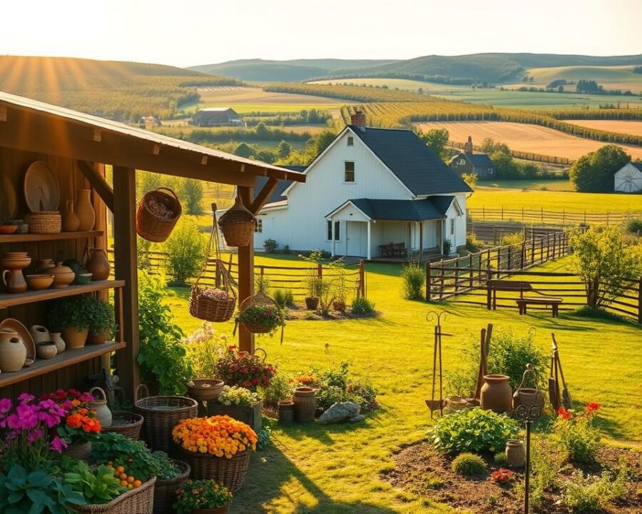 A lush, verdant Amish homestead nestled amidst rolling hills, with a neatly tended garden brimming with vibrant blooms and bountiful produce. In the foreground, a rustic wooden shed displays an array of handcrafted Amish home and garden wares, from woven baskets and pottery to intricate wooden furniture and weathered farm tools. Warm, golden sunlight filters through the scene, casting a serene, timeless atmosphere. The middle ground features a well-maintained Amish farmhouse, its simple, yet elegant architecture and clean, whitewashed facade reflecting the community's values of simplicity and craftsmanship. In the distance, a patchwork of lush, verdant fields and orchards completes the pastoral, idyllic setting, conveying the essence of the Amish home and garden lifestyle.