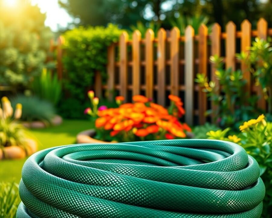 A lush, verdant backyard with a coiled 1 1/4 inch garden hose prominently displayed in the foreground. The hose is a deep emerald green, with intricate texture and sheen, appearing supple and durable. The middle ground features a well-tended flowerbed, bursting with vibrant blooms in warm hues. In the background, a wooden fence frames the scene, casting gentle shadows. Soft, natural lighting filters through, illuminating the entire composition with a golden, ambient glow. The overall atmosphere is one of tranquility and careful consideration of the perfect garden hose for all one's outdoor needs.