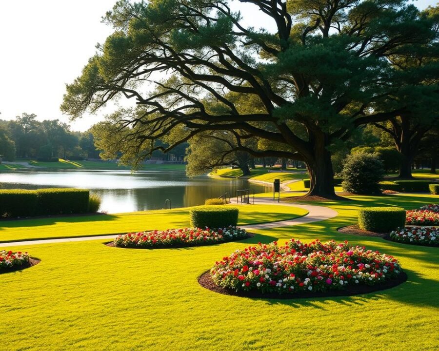 A lush, verdant garden city park on a sunny afternoon. In the foreground, a well-manicured lawn dotted with vibrant flowerbeds and meandering paths. In the middle ground, a tranquil lake reflects the surrounding trees, their branches swaying gently in a light breeze. In the background, a mix of towering oaks and manicured shrubbery create a serene, natural backdrop. The scene is bathed in warm, golden light, creating a welcoming and peaceful atmosphere. Captured with a wide-angle lens to showcase the expansive greenery and inviting atmosphere of this community recreation area.