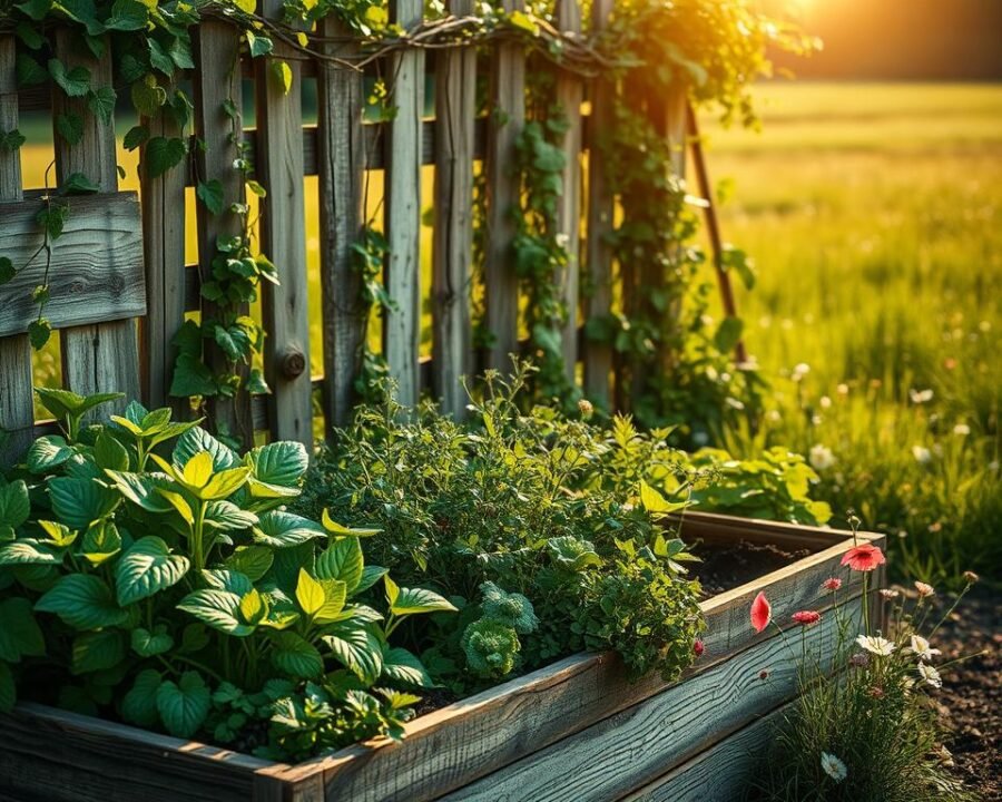 A lush, verdant garden filled with natural textures and organic features. In the foreground, a raised garden bed overflows with vibrant, healthy vegetables and herbs, their leaves gently swaying in the soft breeze. In the middle ground, a weathered wooden fence entwined with climbing vines and wildflowers frames the scene. The background features a serene, sun-dappled meadow, dotted with the delicate petals of wildflowers. The lighting is warm and golden, casting a peaceful, earthy atmosphere. The composition emphasizes the harmonious integration of human cultivation and the natural world, embodying the principles of eco-friendly, sustainable gardening.