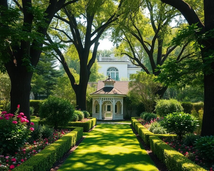 A lush, verdant garden oasis set along Prosperity Drive in the heart of Garden City. Vibrant flowerbeds and neatly manicured hedges line a winding path, leading to a quaint gazebo surrounded by tall, stately trees. Dappled sunlight filters through the canopy, casting a warm, inviting glow over the serene scene. In the distance, the façade of a charming, white-washed home stands as the centerpiece, its classic architecture blending seamlessly with the natural splendor that envelops it. An atmosphere of tranquility and quiet prosperity pervades the idyllic setting, inviting the viewer to lose themselves in its peaceful embrace.