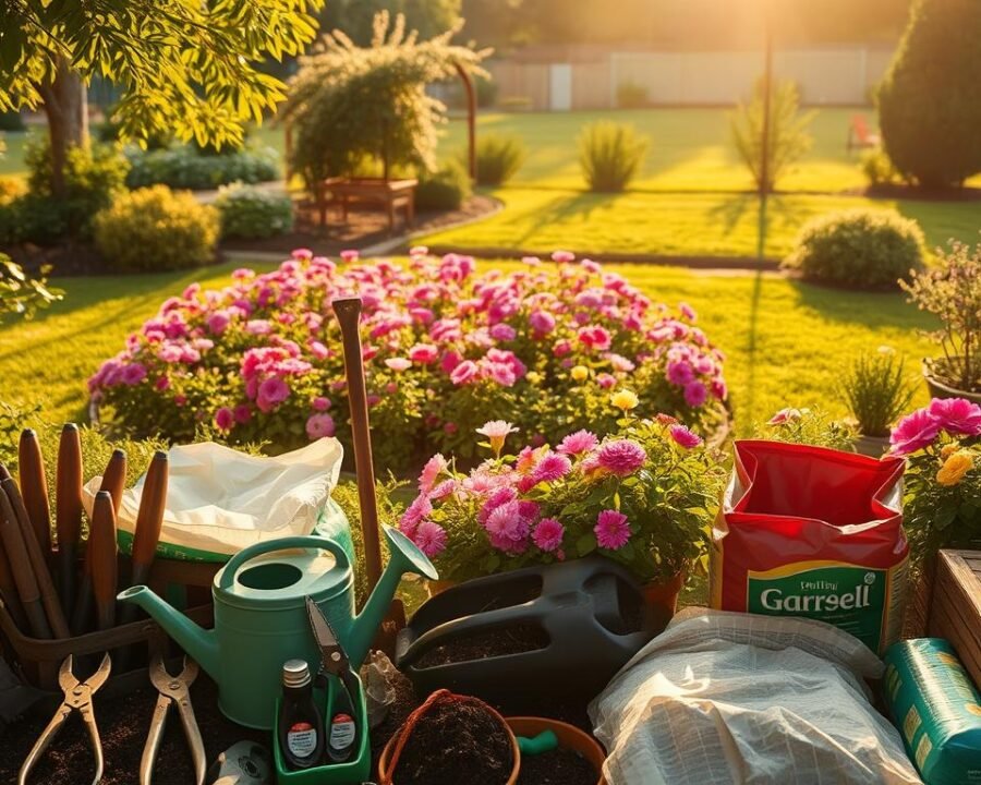 A lush, verdant garden scene bathed in warm, golden sunlight. In the foreground, a neatly organized display of gardening tools and supplies, including pruning shears, a watering can, and bags of soil and fertilizer. In the middle ground, a flourishing flower bed bursting with vibrant blooms in shades of pink, purple, and yellow. In the background, a well-maintained lawn dotted with thriving shrubs and trees. The atmosphere is one of tranquility and productivity, inviting the viewer to imagine the joys and benefits of a well-tended garden.