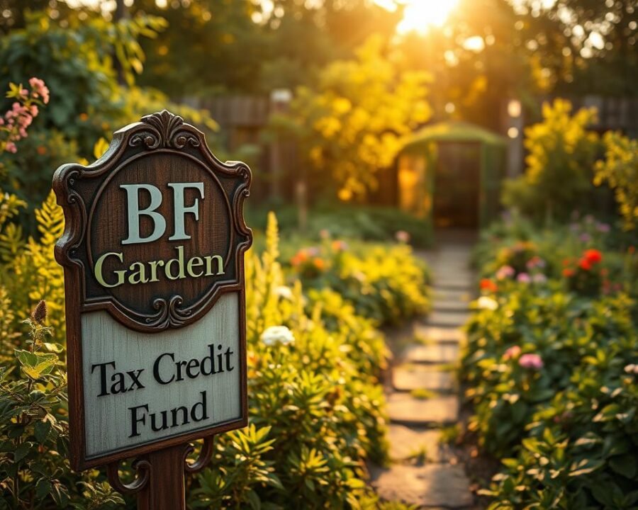A lush, verdant garden scene with a prominent sign in the foreground displaying the text "BF Garden Tax Credit Fund". The sign is made of ornate, weathered wood, surrounded by a variety of thriving plants and flowers. In the middle ground, a path winds through the garden, leading the eye towards a small shed or greenhouse in the background. Warm, golden sunlight filters through the foliage, creating a serene and inviting atmosphere. The overall impression is one of a well-maintained, eco-friendly garden space that offers financial incentives for sustainable gardening practices.