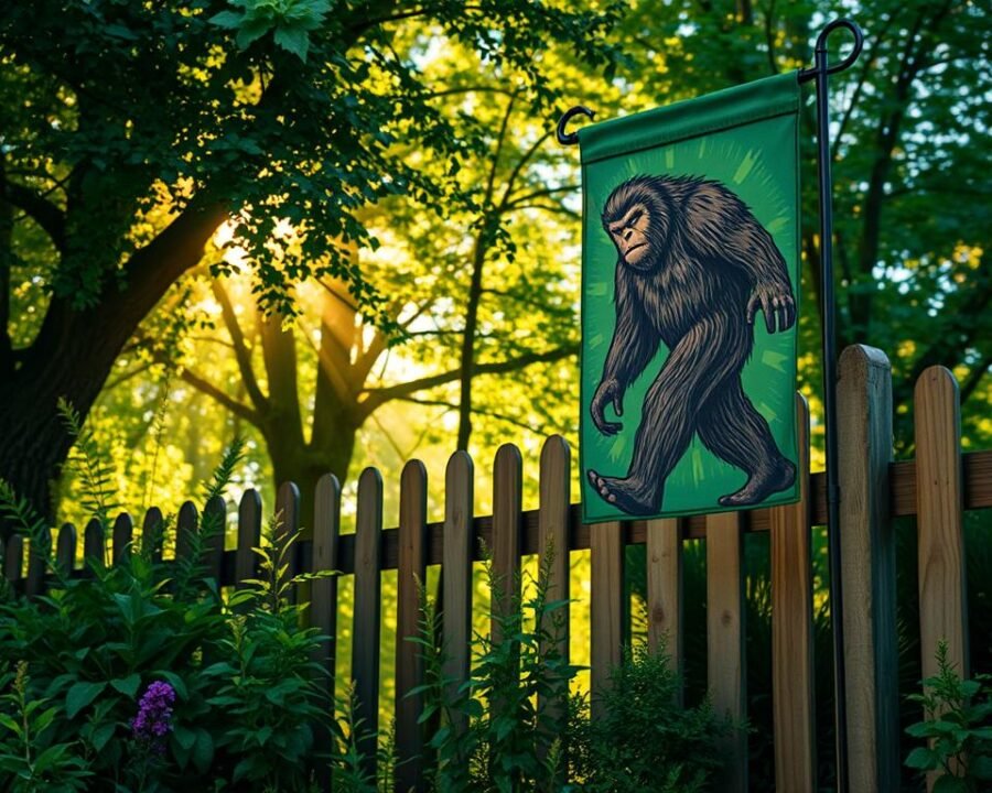A lush, verdant garden setting with sunlight filtering through the trees, casting a warm glow over a wooden fence. In the foreground, a vibrant Bigfoot garden flag stands tall, its detailed design capturing the iconic creature in a whimsical, playful pose. The flag's colors - a rich, earthy palette of greens, browns, and grays - complement the natural surroundings. The overall scene exudes a sense of tranquility and a touch of the mysterious, inviting the viewer to embrace the wonder of Bigfoot's presence in this idyllic outdoor setting.