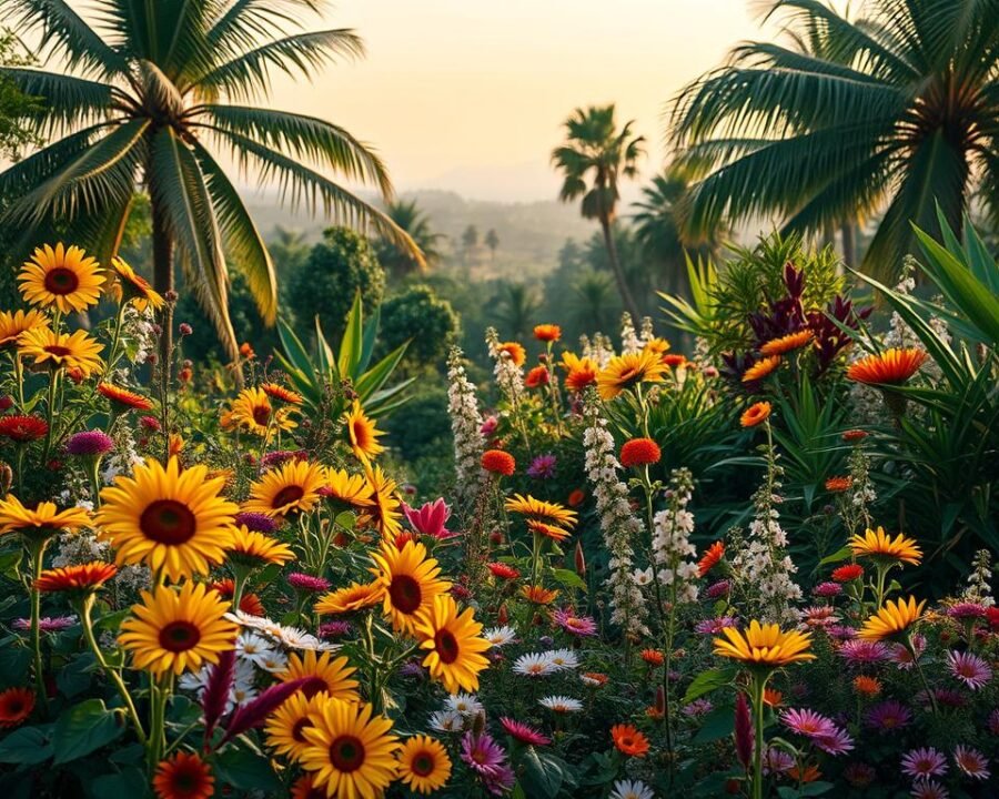A lush, vibrant garden bursting with diverse flora. In the foreground, a profusion of colorful blooms - bold sunflowers, delicate daisies, and trailing vines. The middle ground features an array of textured leaves and stems, with towering palms and exotic foliage. In the background, a softly blurred landscape provides a serene backdrop, bathed in warm, golden light. The overall composition conveys a sense of abundance, harmony, and the natural world's magnificent diversity.
