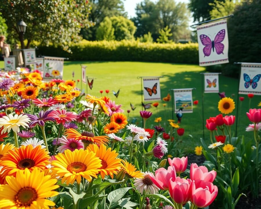 A lush, vibrant garden filled with a variety of colorful floral applique garden flags. The foreground features a diverse arrangement of blooming flowers such as sunflowers, daisies, and tulips, their petals meticulously crafted in intricate applique patterns. In the middle ground, a variety of whimsical garden flag designs are prominently displayed, showcasing themes like butterflies, hummingbirds, and pastoral landscapes. The background depicts a serene, sun-dappled setting with a neatly trimmed lawn and verdant foliage, creating a sense of tranquility and natural beauty. The lighting is soft and natural, casting a warm, inviting glow over the entire scene. Captured with a wide-angle lens to provide a panoramic view, the overall mood is one of vibrant, joyful celebration of the outdoors.