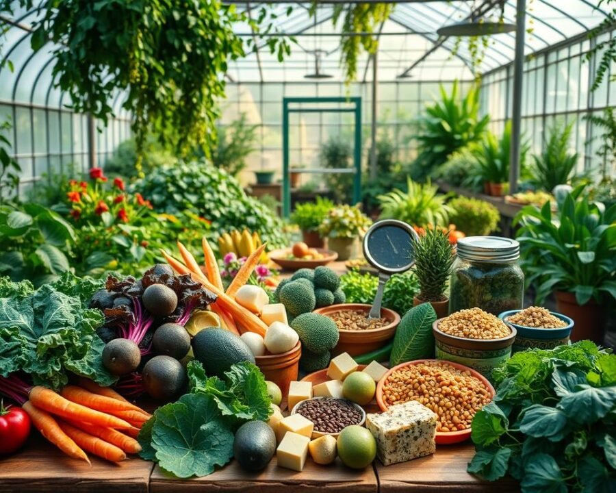 A lush, vibrant garden oasis, with an abundance of fresh produce and a diverse array of special diet options. In the foreground, an array of colorful fruits and vegetables, such as kale, beets, carrots, and avocados, artfully arranged on a rustic wooden table. The middle ground features a variety of plant-based protein sources, including tofu, lentils, and quinoa, nestled among potted herbs and spices. In the background, a serene greenhouse filled with verdant foliage and natural sunlight, creating a peaceful, nourishing atmosphere. The image is captured with a warm, soft-focus lens, conveying a sense of wellness and wholesome living.