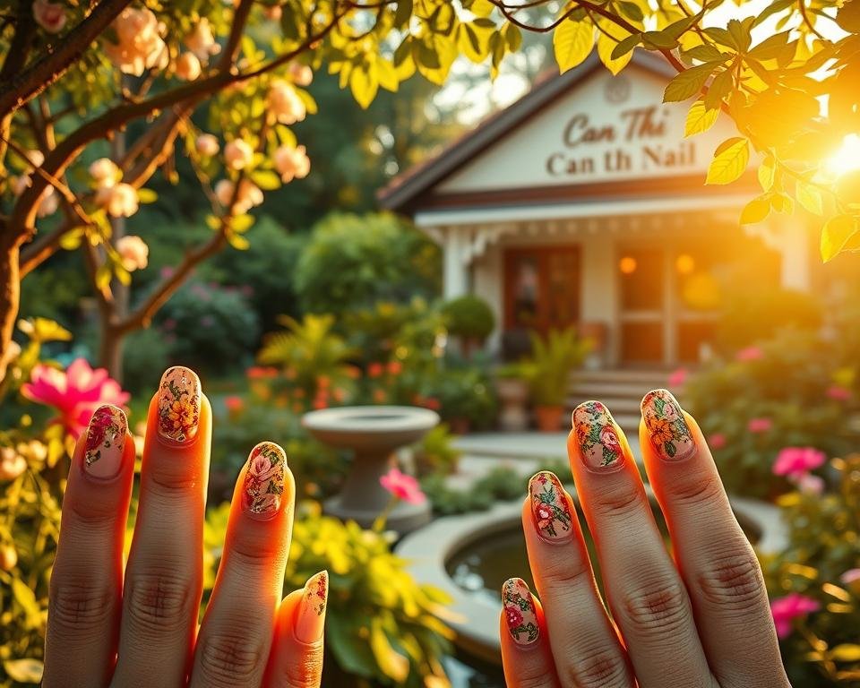 A lush, vibrant nail art garden grove bathed in warm, golden sunlight. In the foreground, intricately designed nails with intricate floral patterns, vibrant colors, and delicate details. The middle ground showcases a serene garden oasis, with blooming flowers, lush greenery, and a tranquil water feature. In the background, a quaint, charming nail salon nestled among the natural beauty, its facade adorned with elegant signage. The scene exudes a serene, inviting atmosphere, perfectly capturing the essence of the Can Thơ Nail Salon's services and ambiance.