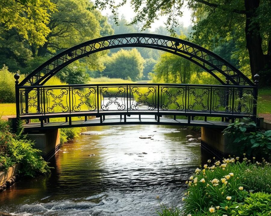 A majestic 12-foot metal garden bridge spanning a serene stream, its graceful arches and sturdy railings casting intricate shadows on the gently flowing water. The bridge is situated in a lush, verdant landscape, with vibrant greenery and delicate wildflowers flanking the banks. Soft, diffused natural light filters through the canopy of trees, creating a warm, inviting atmosphere. The bridge appears to be the perfect focal point, seamlessly blending into the tranquil scene and offering a picturesque pathway through the idyllic garden setting.