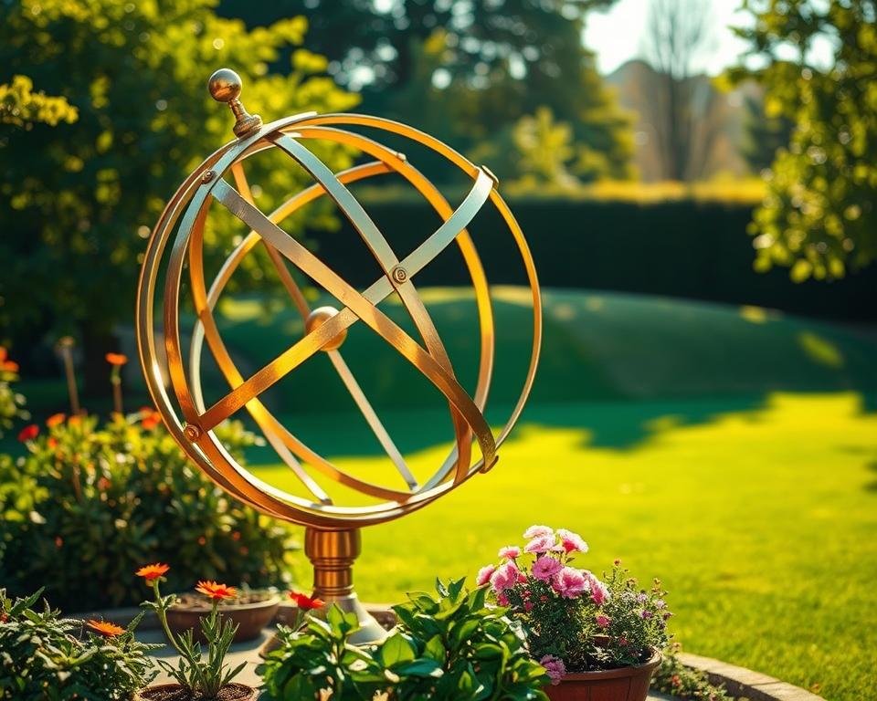 A meticulously crafted armillary sphere stands in a lush garden, its intricate brass bands and rings glistening in the warm sunlight. The sphere's elegant design casts intricate shadows on the surrounding flora, creating a captivating play of light and shadow. In the foreground, a carefully curated arrangement of potted plants and flowers complements the sphere's timeless beauty, while in the background, a gently sloping lawn and a backdrop of verdant trees set the scene. The overall atmosphere is one of refined elegance and timeless charm, perfectly capturing the essence of the &quot;Materials Used in Armillary Spheres&quot; section.