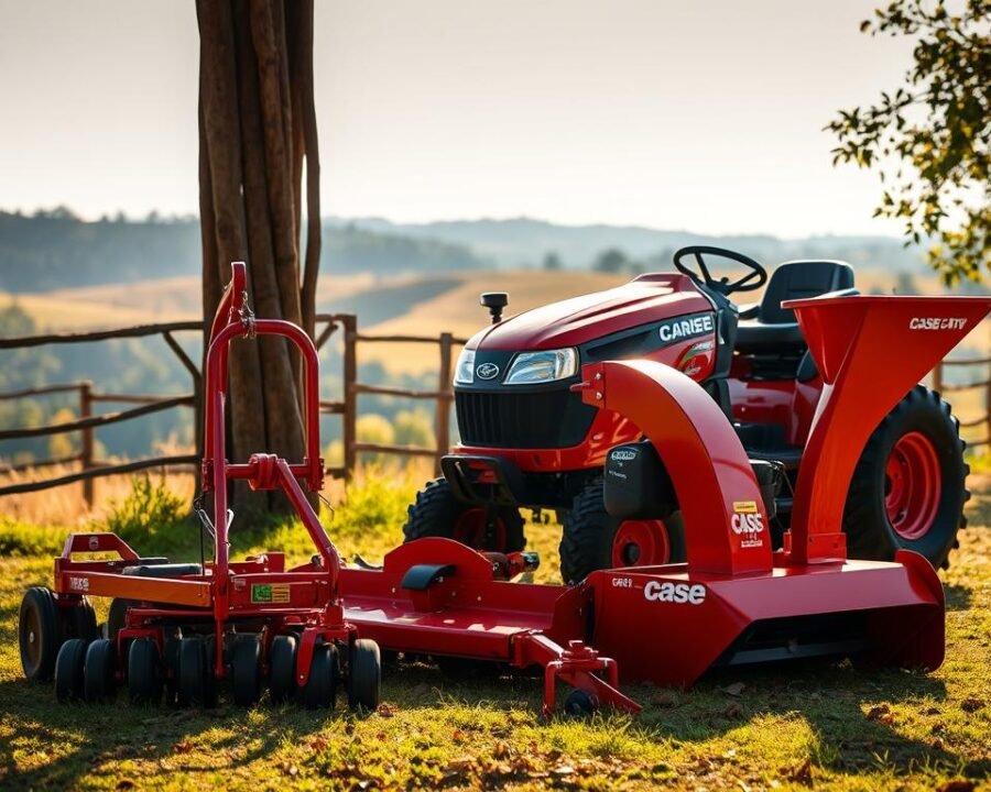 A meticulously crafted display of premium Case garden tractor accessories, showcased against a softly lit, rustic backdrop. In the foreground, an array of high-quality attachments, including a sturdy cultivator, a sleek mower deck, and a powerful chipper-shredder, all gleaming under a warm, natural light. In the middle ground, a well-maintained Case garden tractor, its polished chrome and vibrant red paint drawing the eye. The background features a serene, pastoral scene, with rolling hills and lush foliage, conveying a sense of tranquility and countryside charm. The overall composition evokes a feeling of quality, reliability, and the enduring legacy of the Case brand.