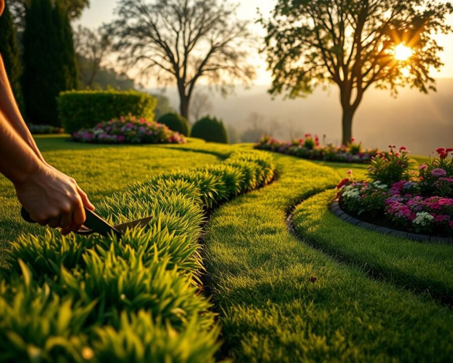 A meticulously maintained garden edging, perfectly trimmed and edged, with a soft, diffused lighting highlighting the lush, verdant foliage. In the foreground, a gardener's hands delicately tending to the edges, carefully clipping away any errant growth. The middle ground showcases the well-defined, neatly aligned edging, creating a seamless transition between the manicured lawn and the vibrant flower beds. The background features a serene, hazy landscape, with the golden hour sun filtering through the trees, casting a warm, inviting glow over the entire scene. The overall atmosphere exudes a sense of peaceful tranquility and a deep appreciation for the art of garden maintenance.