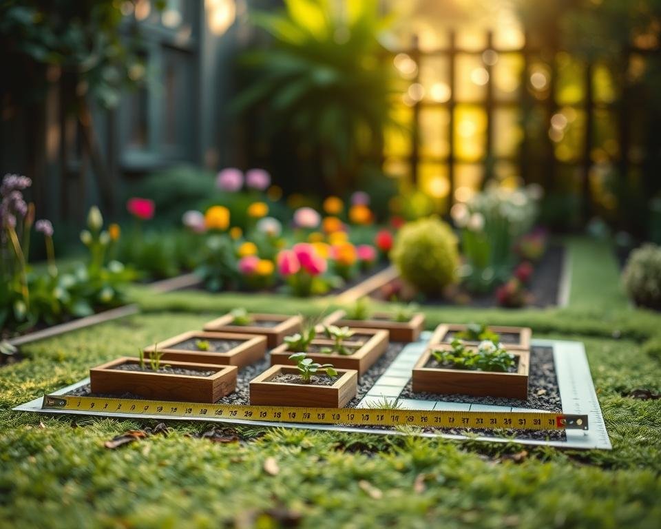 A meticulously measured 19ft garden plot, its dimensions precisely mapped out. In the foreground, a detailed scale model showcases the plot's layout, with neatly arranged raised garden beds and pathways. The middle ground features a serene vignette, capturing the plot's potential for lush, thriving vegetation - colorful flowers, verdant greens, and a hint of rustling foliage. The background is bathed in soft, natural lighting, creating a tranquil, contemplative atmosphere, as if inviting the viewer to envision the possibilities within this compact, yet versatile space.