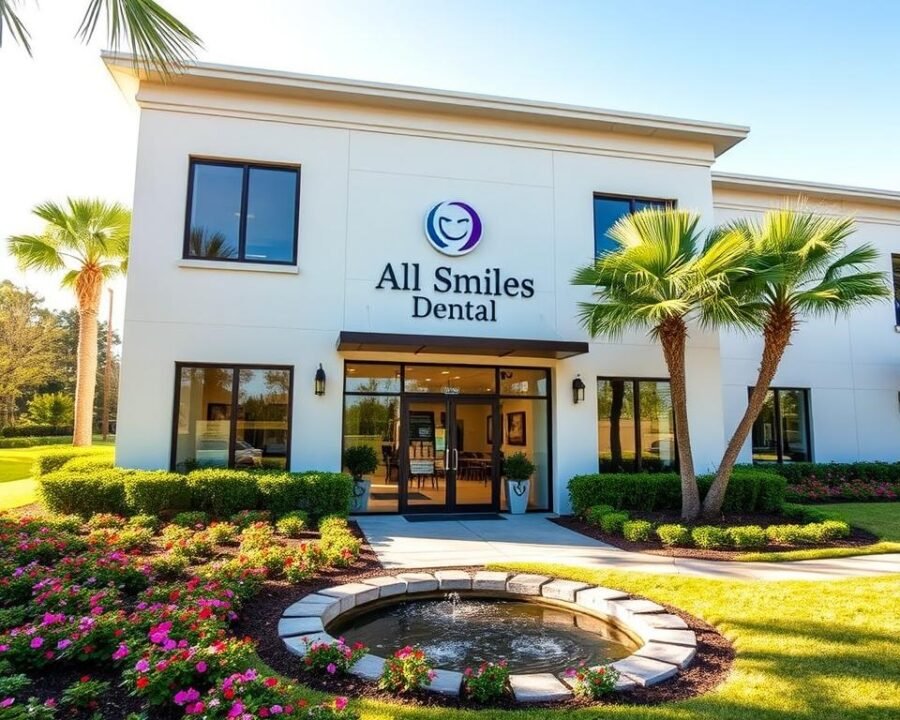 A modern, two-story dental office in the heart of Garden City, SC, with a clean, inviting exterior. The building is surrounded by lush, well-manicured landscaping, including vibrant flowers, neatly trimmed hedges, and a small water feature. Sunlight filters through the large windows, creating a warm, welcoming atmosphere. The entrance features a stylish, minimalist design with a prominent sign displaying the practice's name, "All Smiles Dental." The interior is visible through the glass doors, hinting at the high-quality, state-of-the-art dental care provided within.