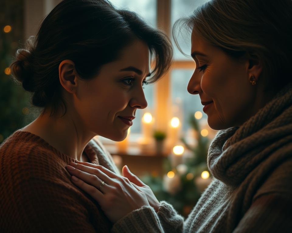 A mother and daughter, their faces lit by soft, warm light, gaze tenderly at each other. The daughter's hand rests on her mother's arm, a gesture of affection and trust. In the background, a cozy, intimate setting, perhaps a winter garden, with lush greenery and delicate floral accents, creates a sense of tranquility and connection. The image conveys the depth of their bond, the quiet understanding, and the profound love that transcends generations.