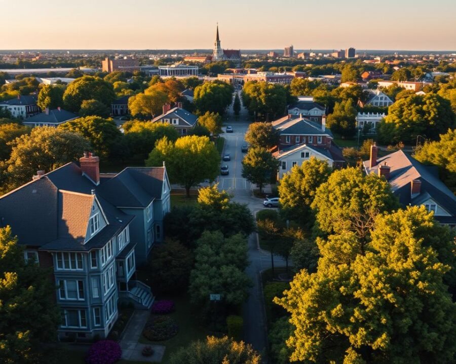 A panoramic aerial view of the lush, tree-lined streets of Garden City, Long Island. In the foreground, manicured lawns and vibrant flower gardens surround grand, stately homes with peaked roofs and classic American architecture. In the middle ground, the bustling commercial district comes into view, with quaint shops and local businesses lining a central boulevard. In the distance, the horizon is dotted with the spires of historic churches and the occasional high-rise, creating a skyline that blends the old and the new. The scene is bathed in warm, golden sunlight, casting long shadows and highlighting the verdant foliage. An atmosphere of tranquility and small-town charm pervades the image, inviting the viewer to explore this picturesque community.