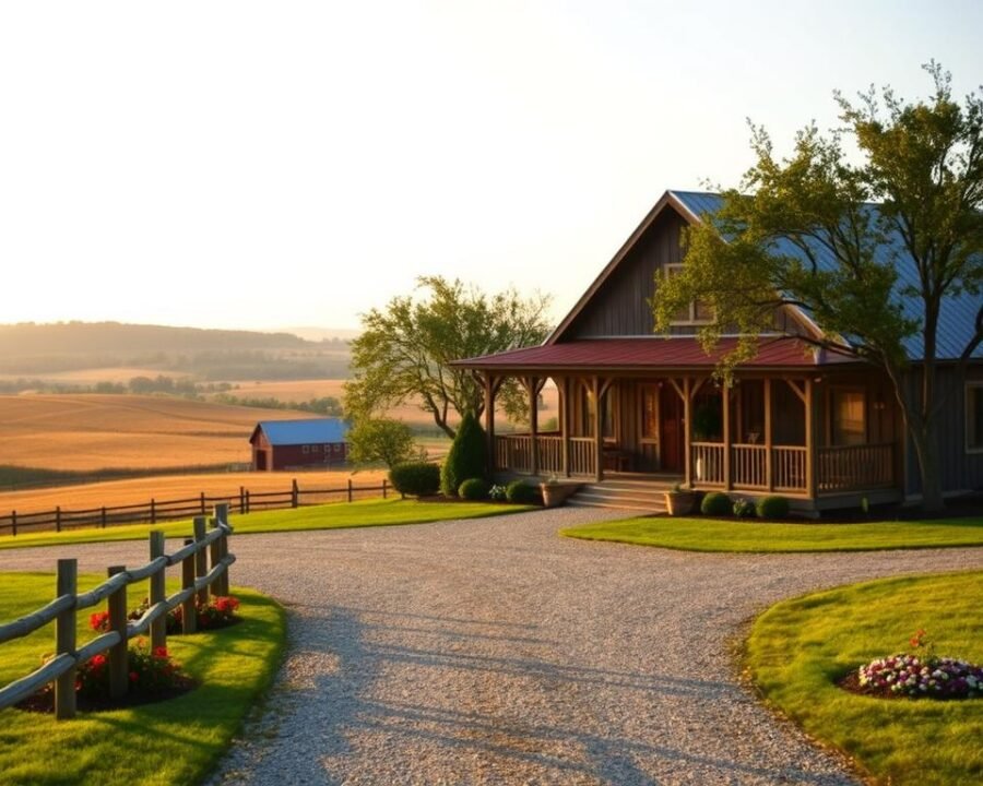 A picturesque Amish Country event venue nestled amidst rolling hills and lush farmland. The exterior features a charming, weathered wooden structure with a wide porch, surrounded by a neatly manicured lawn and a few scattered oak trees. Warm, mellow lighting filters through the windows, casting a cozy glow across the scene. In the foreground, a gravel driveway leads up to the entrance, flanked by well-tended flower beds and a split-rail fence. The middle ground showcases the tranquil countryside, with undulating fields of golden wheat and a distant, iconic red barn. The background is framed by a hazy blue horizon, suggesting a peaceful, serene atmosphere ideal for a relaxing country event.