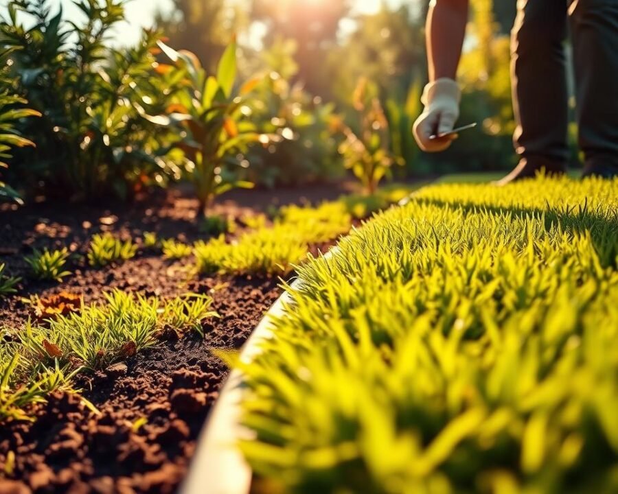 A picturesque garden scene showcases the installation of a 6-inch wide garden edging. In the foreground, the edging material, likely made of durable plastic or metal, is neatly laid out, ready to be carefully placed along the edge of a lush, manicured lawn. The middle ground features a gardener, wearing gloves and using a trowel to precisely position the edging, ensuring a seamless transition between the grass and the garden beds. Warm, natural sunlight filters through the surrounding foliage, casting a gentle glow over the scene and highlighting the rich, earthy tones of the soil and the vibrant greenery. The background frames the installation with a backdrop of flourishing plants, creating a harmonious and visually appealing composition.