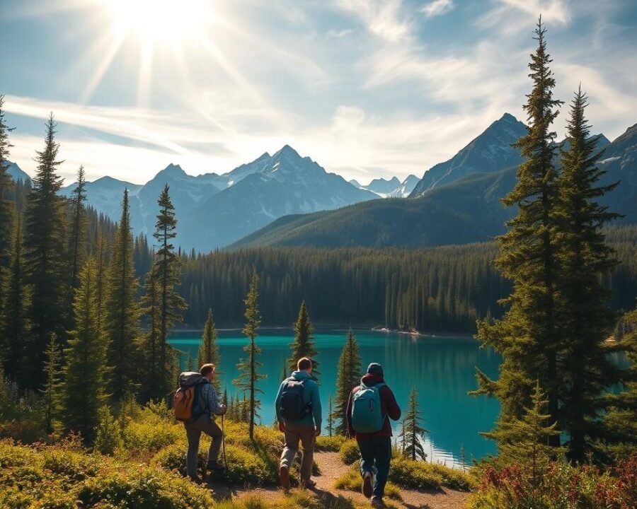 A picturesque outdoor scene near the tranquil Aurora Garden Lodging. In the foreground, a group of hikers exploring a lush forest trail, their backpacks and hiking gear visible. In the middle ground, a crystal-clear lake reflects the surrounding pine trees and mountains, bathed in the warm glow of golden hour. In the background, snow-capped peaks rise majestically, their jagged silhouettes against a vibrant sky. Diffused sunlight filters through the canopy, casting a soft, natural illumination on the serene landscape. The overall atmosphere exudes a sense of adventure, peace, and harmony with nature.
