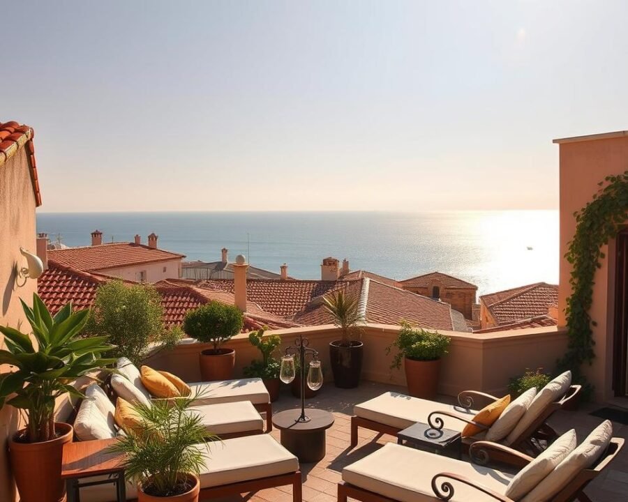 A picturesque rooftop bar in the historic city of Alghero, overlooking the vibrant terracotta-tiled rooftops and the glistening Mediterranean Sea. Warm afternoon sunlight casts a golden glow across the al fresco setting, where cushioned lounge chairs invite guests to soak in the tranquil ambiance. Verdant potted plants and trailing vines add a lush, oasis-like atmosphere, while sleek wooden furnishings and wrought-iron accents blend seamlessly with the classic Italian architecture. The view stretches out to the horizon, offering a serene escape from the bustling streets below, a true urban oasis in the heart of Alghero.